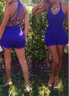 Rosewe Spaghetti Strap Caged Back Blue Romper