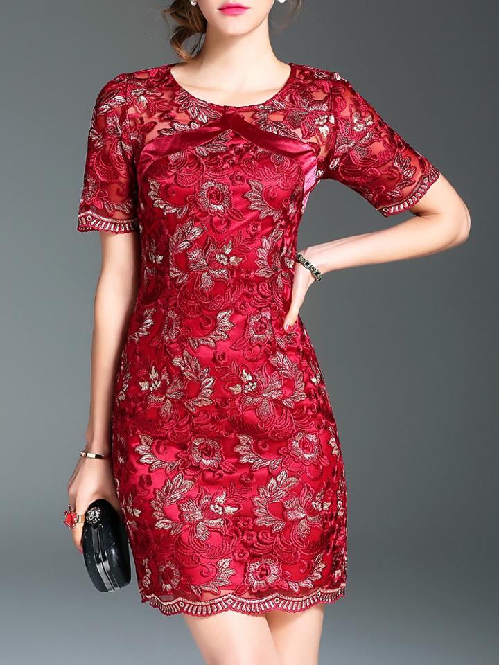 Shein Red Gauze Flowers Embroidered Dress
