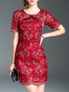 Shein Red Gauze Flowers Embroidered Dress