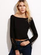 Shein Black Scoop Neck Lace Up Crop T-shirt