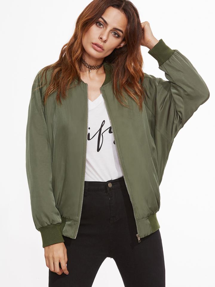 Shein Olive Green Letter Patch Back Raglan Sleeve Bomber Jacket
