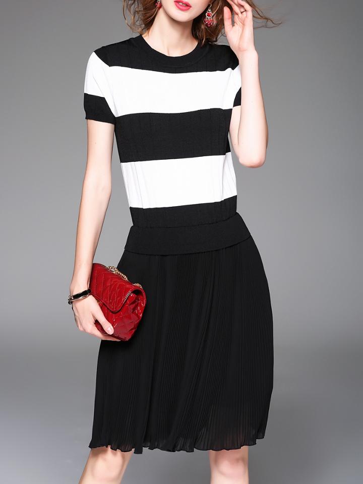 Shein Black White Striped Pleated A-line Dress
