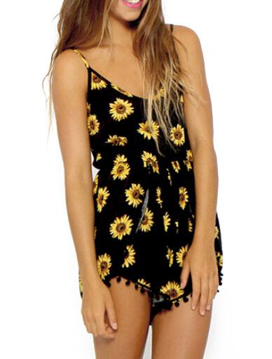 Shein Black Spaghetti Strap Sunflower Print Jumpsuit