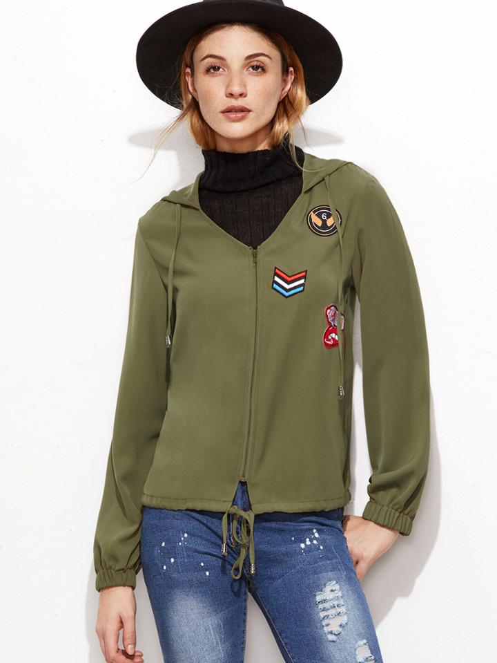 Shein Army Green Patch Detail Drawstring Hem Hooded Jacket