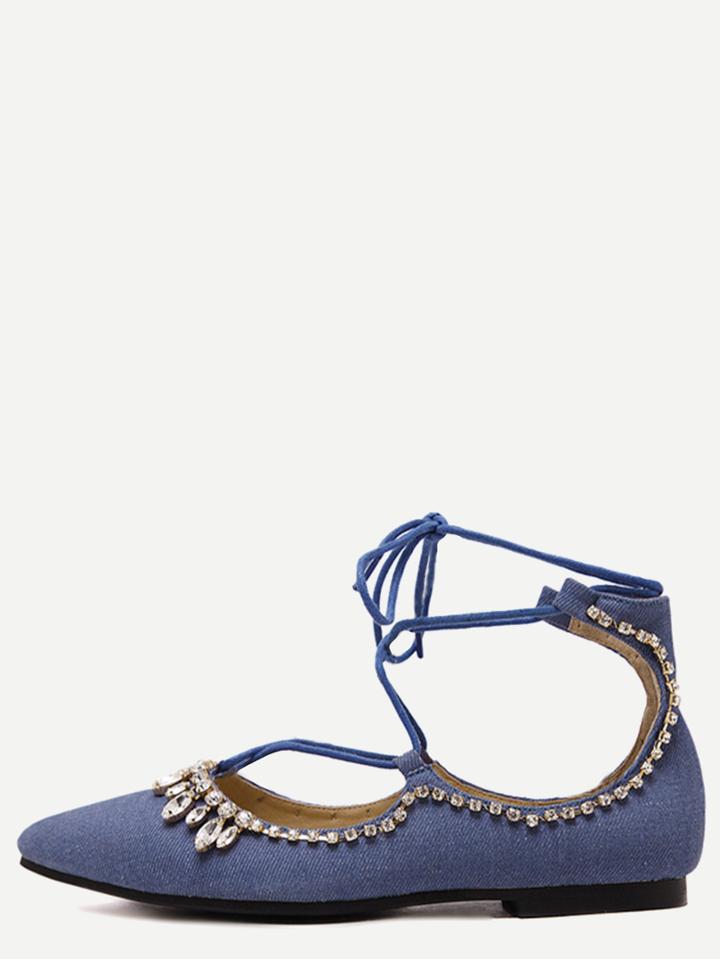 Shein Blue Point Toe Lace-up Rhinestone Flats