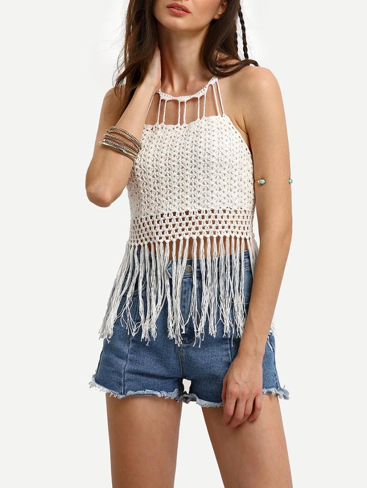 Shein Tassel Trimmed Halter Lace-up Crochet Top