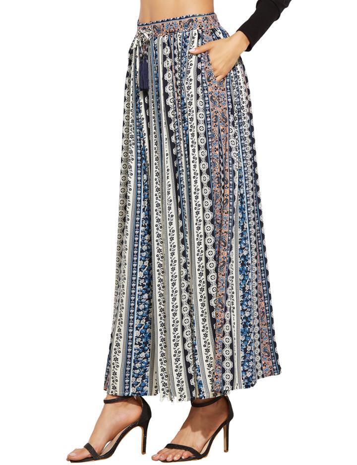 Shein Multicolor Tribal Print Fringe Detail Skirt