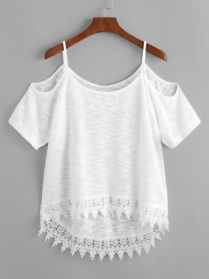 Shein Cold Shoulder Lace Trim Dip Hem Top