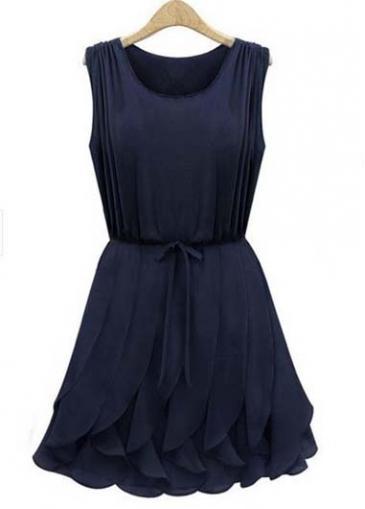 Rosewe Hot Sale Round Neck Sleeveless Blue Pleated Dress