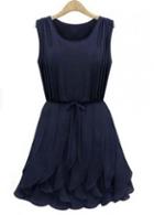 Rosewe Hot Sale Round Neck Sleeveless Blue Pleated Dress
