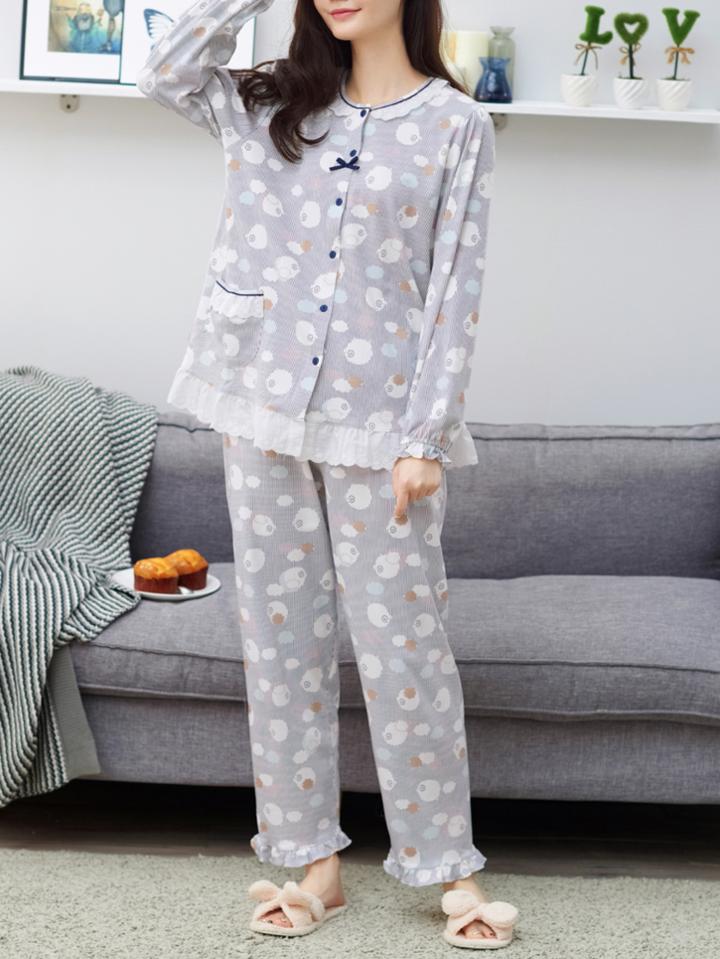 Shein Lamb Print Lace Trim Top & Pants Pj Set