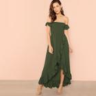 Shein Shirred Bodice Flounce Wrap Hem Bardot Dress