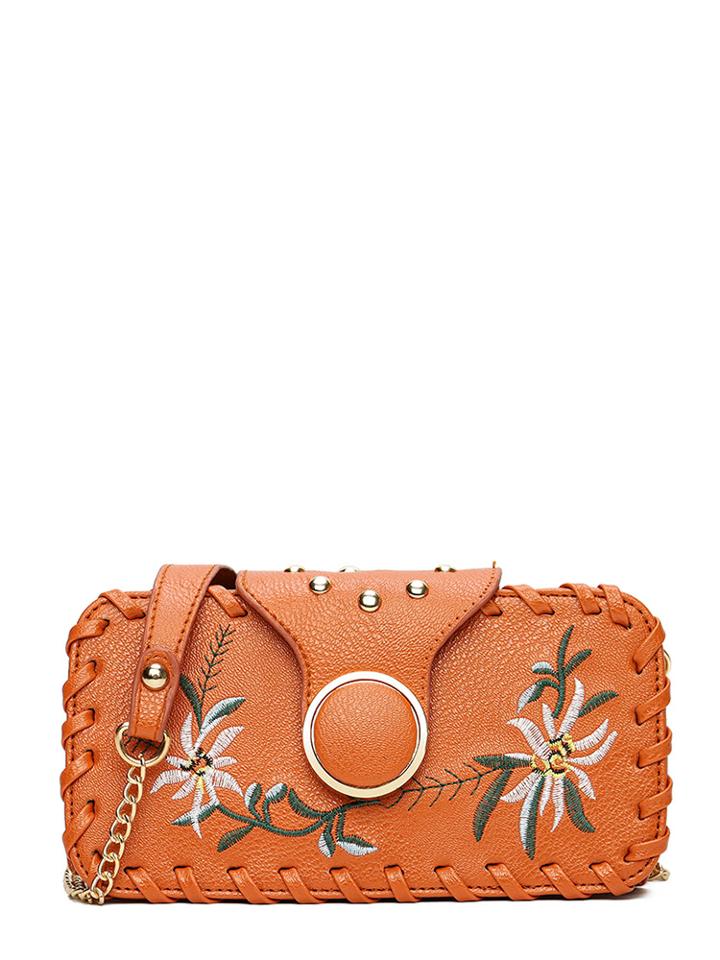 Shein Symmetrical Flower Embroidery Pu Shoulder Bag