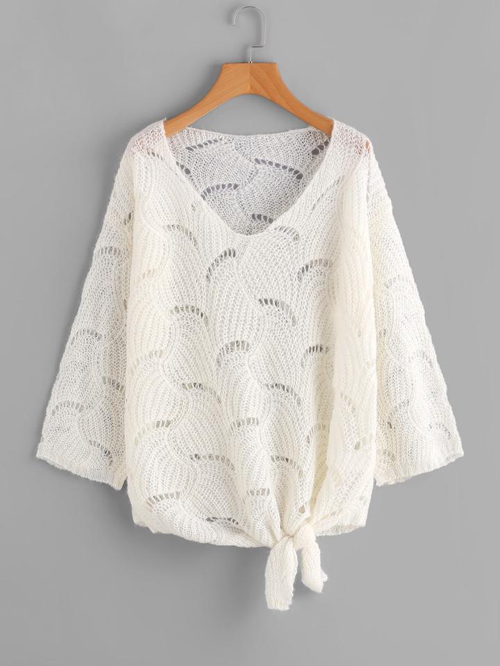 Shein Self Tie Front Open-knit Sweater