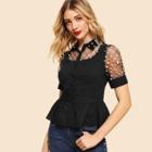 Shein Polka Dot Mesh Insert Ruffle Hem Shirt