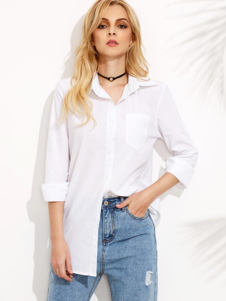 Shein White Curved Hem Shirt