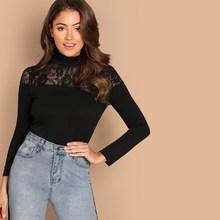 Shein Lace Insert Mock-neck Tee