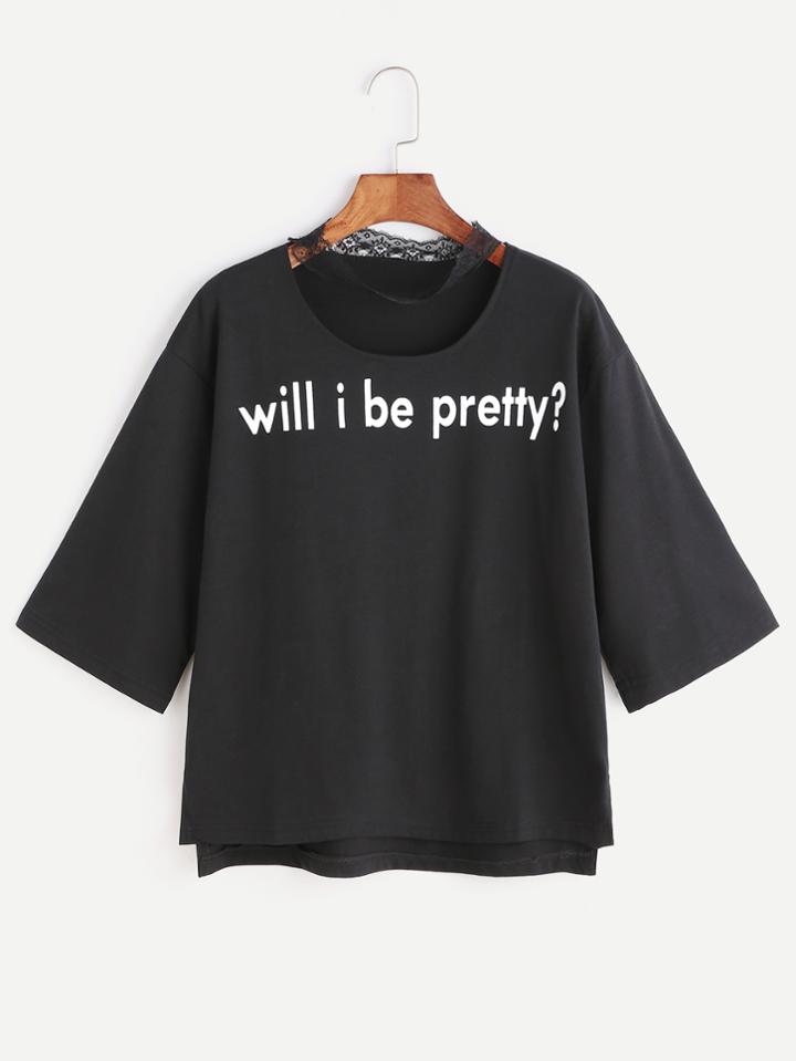 Shein Black Slogan Print Lace Choker Neck High Low T-shirt