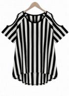 Rosewe Chic Stripe Print Cutout Shoulder Woman T Shirt