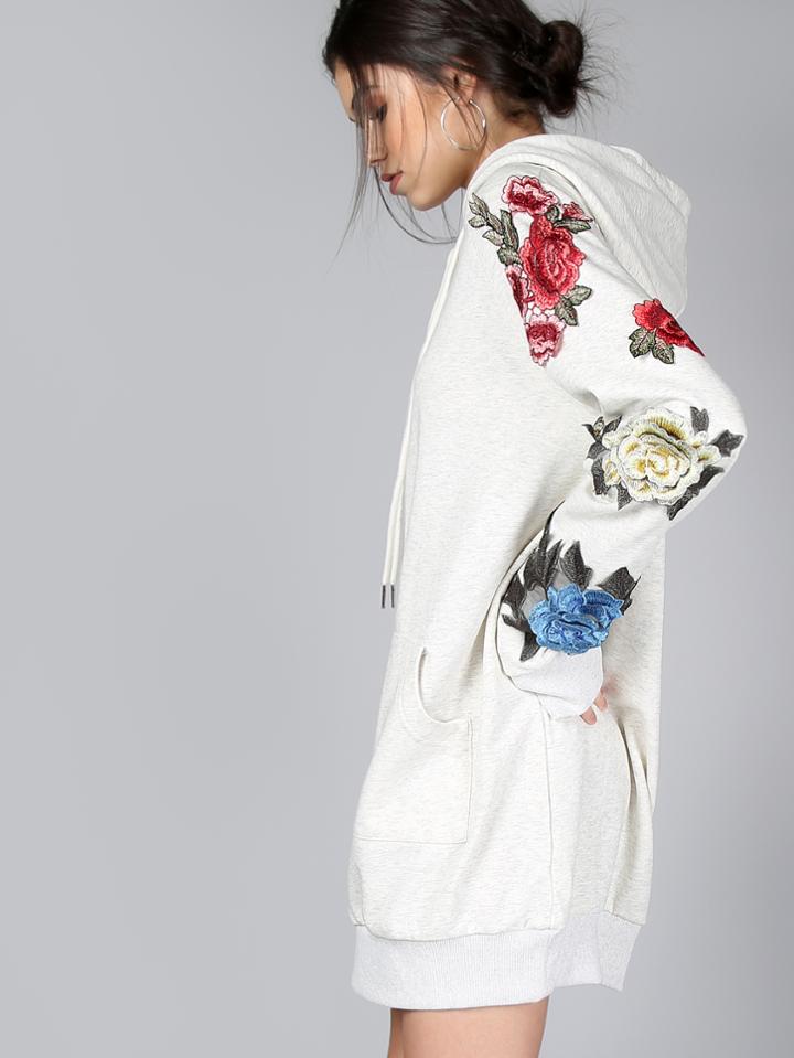 Shein Rose Embroidered Hoodie Dress Oatmeal