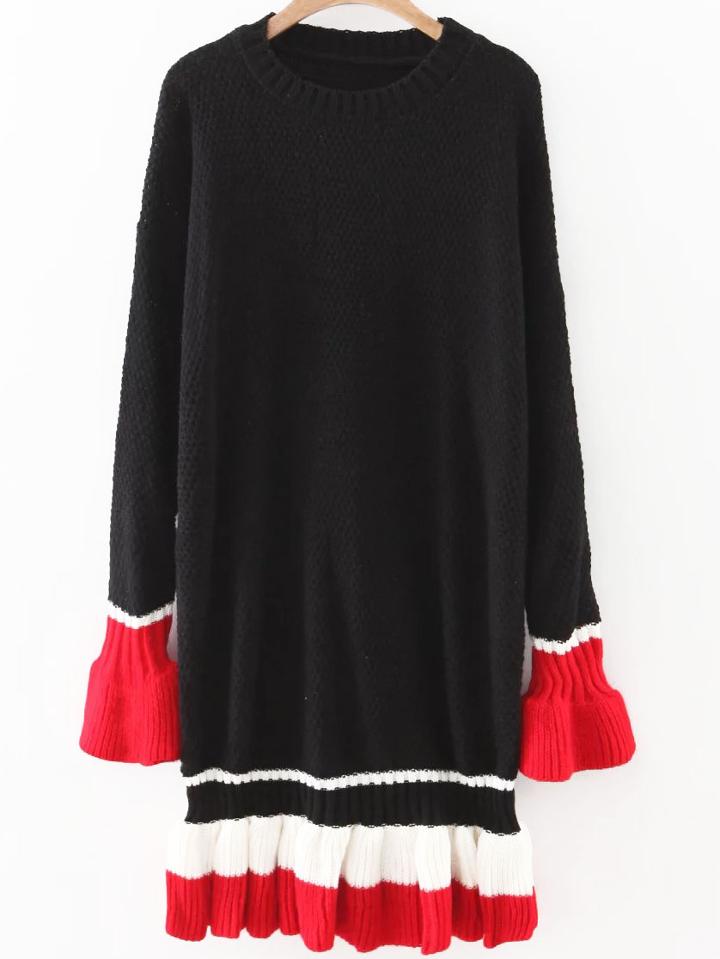 Shein Black Color Block Bell Sleeve Ruffle Hem Sweater Dress