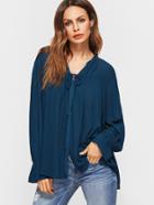 Shein Navy V Neck Bow Tie Blouse