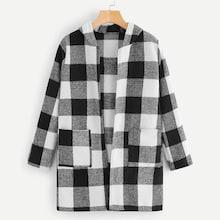 Shein Tweed Pocket Plaid Hooded Coat