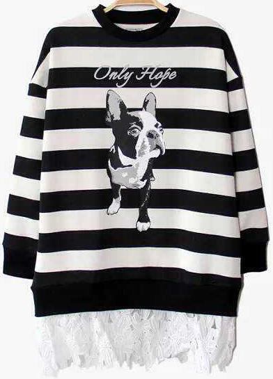 Shein Black Striped Dog Animals Print Sweater With Lace Bottom