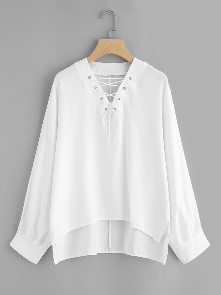 Shein Slit Side High Low Lace Up Blouse
