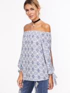 Shein Navy Ornate Print Off The Shoulder Tied Split Sleeve Top