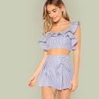 Shein Ruffle Striped Crop Top & Lace Up Shorts Co-ord