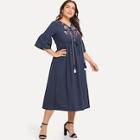 Shein Plus Fringe Tie Neck Geo Embroidered Dress