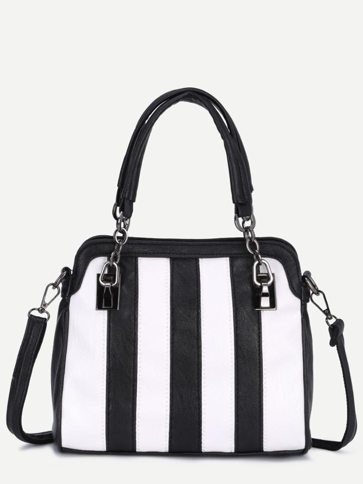 Shein Contrast Striped Zip Pocket Chain Strap Tote Bag