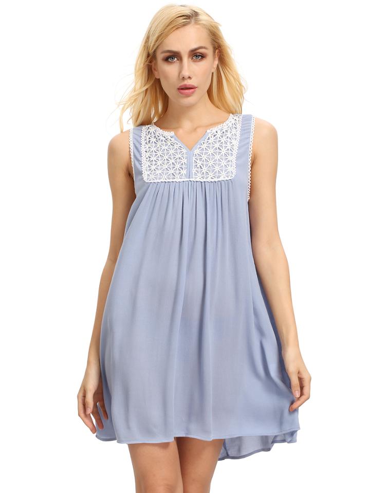 Shein Pink Blue House Sleeveless Embroidered Dress