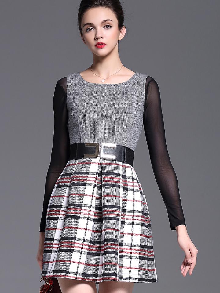 Shein Grey Round Neck Long Sleeve Contrast Gauze Drawstring Dress