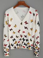 Shein White Butterfly Print V Neck Cardigan