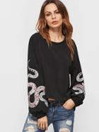 Shein Black Snake Embroidery Round Neck Sweatshirt
