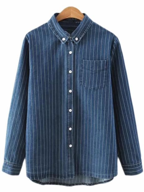 Shein Blue Vertical Stripe Buttons Denim Blouse