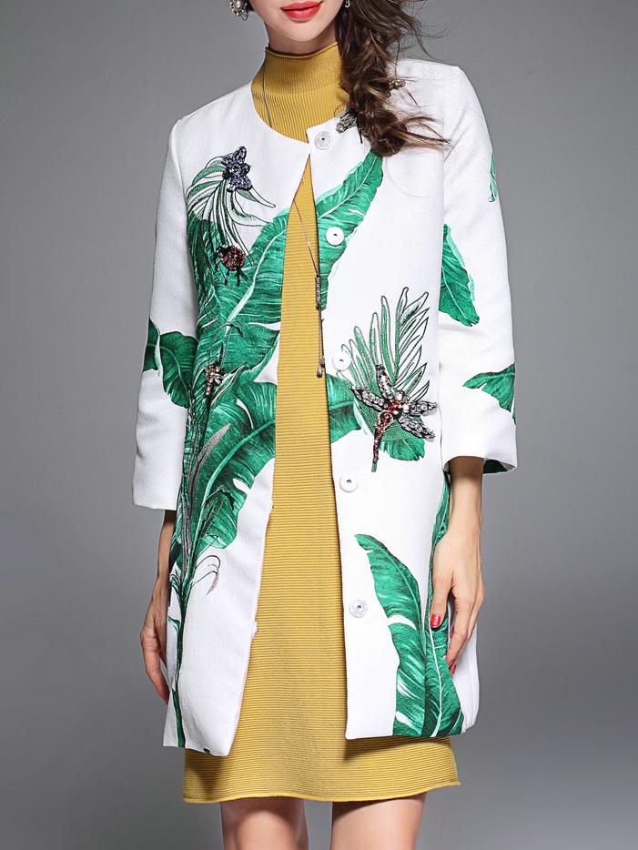 Shein White Leaves Print Dragonfly Beading Dress