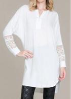 Rosewe Lace Panel Batwing Sleeve White Asymmetric Blouse