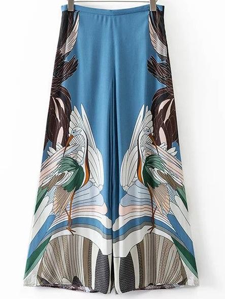 Shein Blue Cranes Print Wide Leg Pants