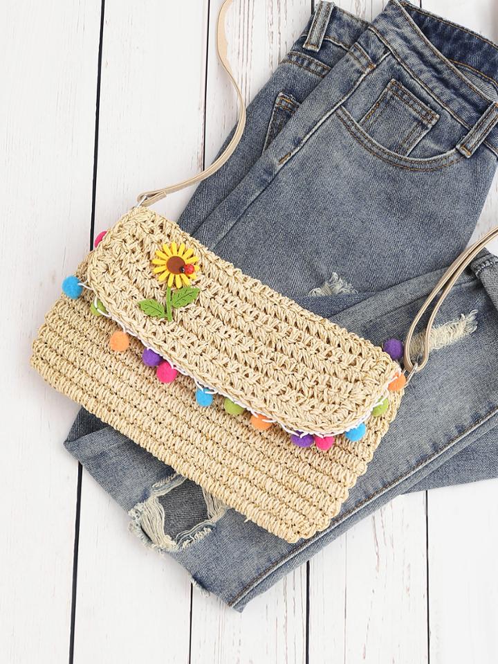 Shein Flower Detail Straw Crossbody Bag With Pom Pom