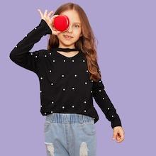 Shein Girls Pearl Beading V Neck Tee