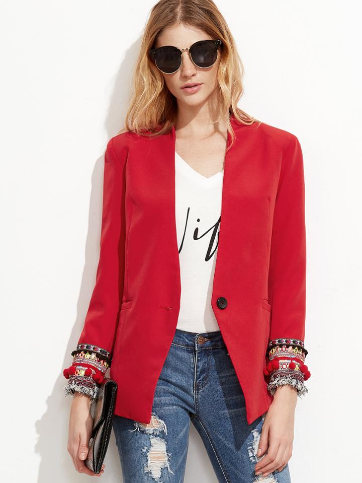 Shein Red Collarless One Button Embroidered Cuff Blazer