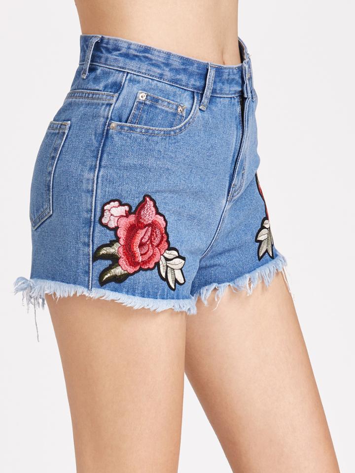Shein Rose Patch Frayed Hem Denim Shorts