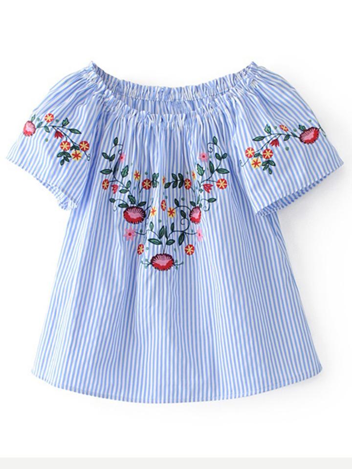 Shein Boat Neckline Vertical Striped Embroidery Blouse