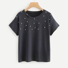 Shein Pearls Beaded Detail Tee