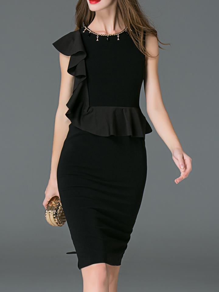 Shein Black Crew Neck Ruffle Sheath Dress