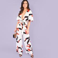 Shein Plunging Neck Geo Print Belted Jumpsuit