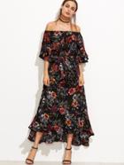 Shein Black Floral Off The Shoulder Ruffle Sleeve Self Tie Dress